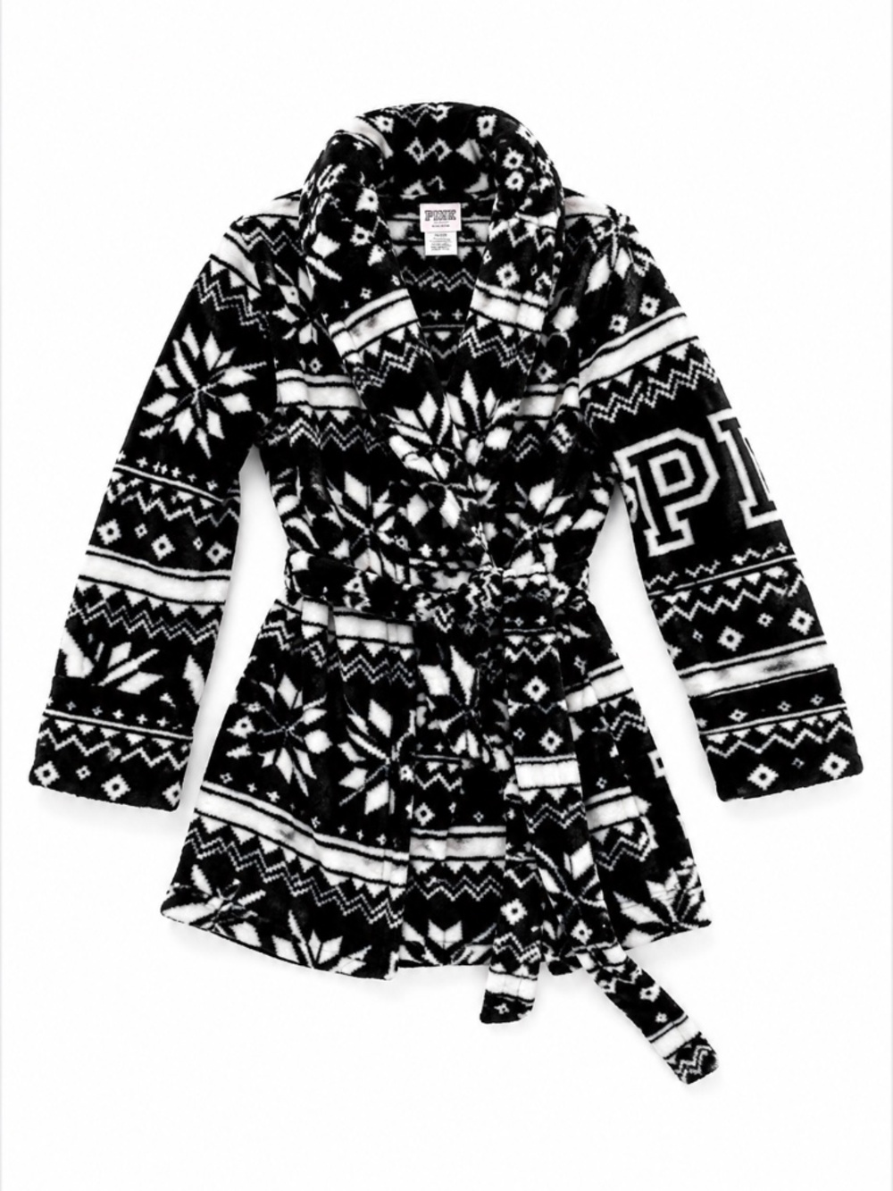 Victoria's Secret PINK Plush Fleece Robe Black White Fair Isle Tie Waist M